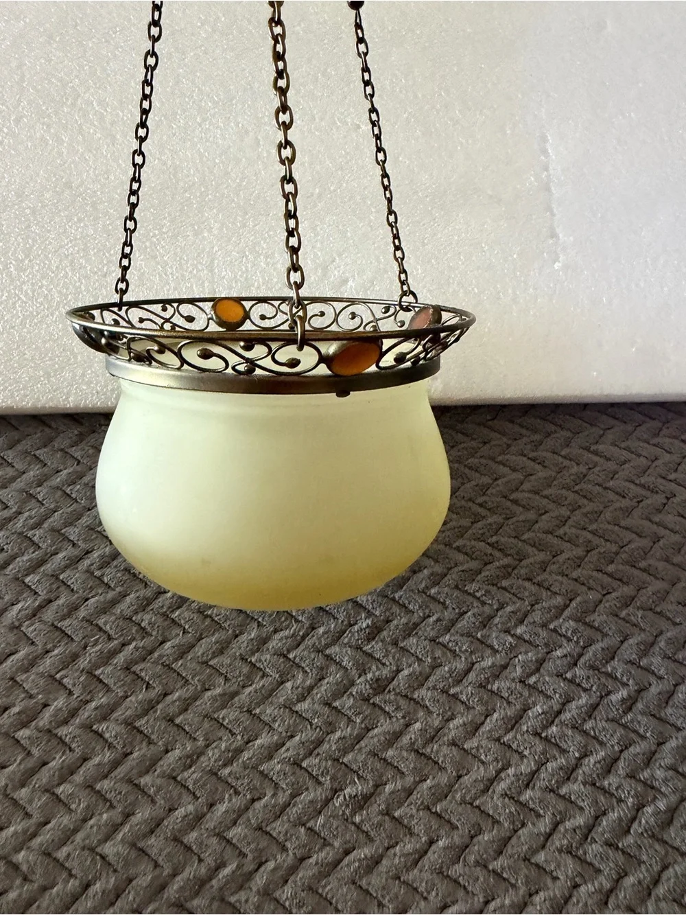 PartyLite Yellow Frosted Glass Hanging Lantern with Antique Brass Chain & stones